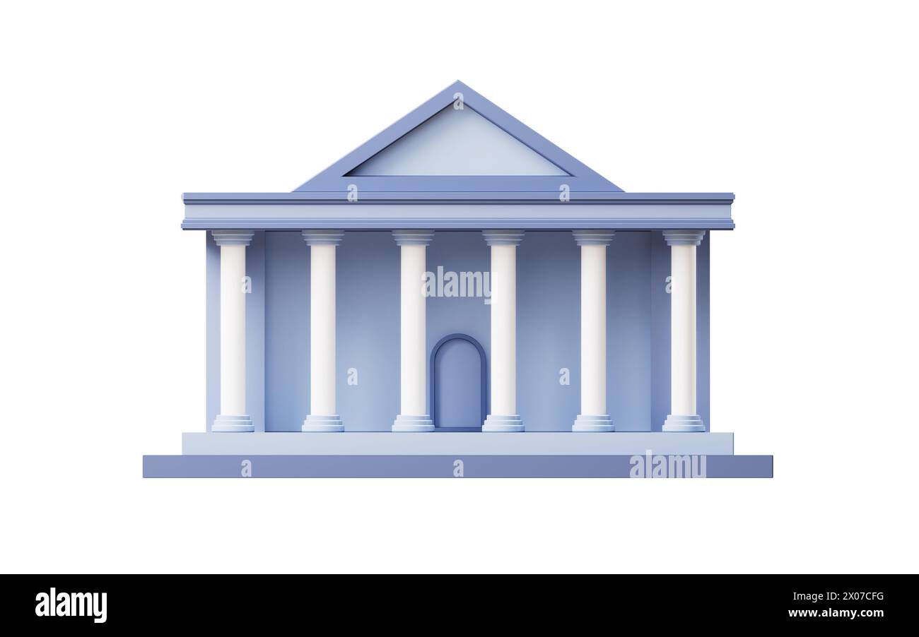 Bank- oder Gerichtsgebäude im Cartoon-Stil, 3D-Rendering. 3D-Abbildung. Stockfoto