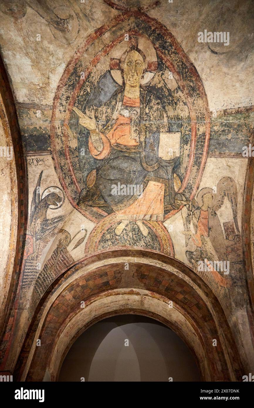 Maiestas Domini und Tetramorph aus Cardona, mittelalterliche romanische Gemälde, Nationalmuseum für katalanische Kunst, Museu Nacional d Art de Catalunya, MNAC, B Stockfoto