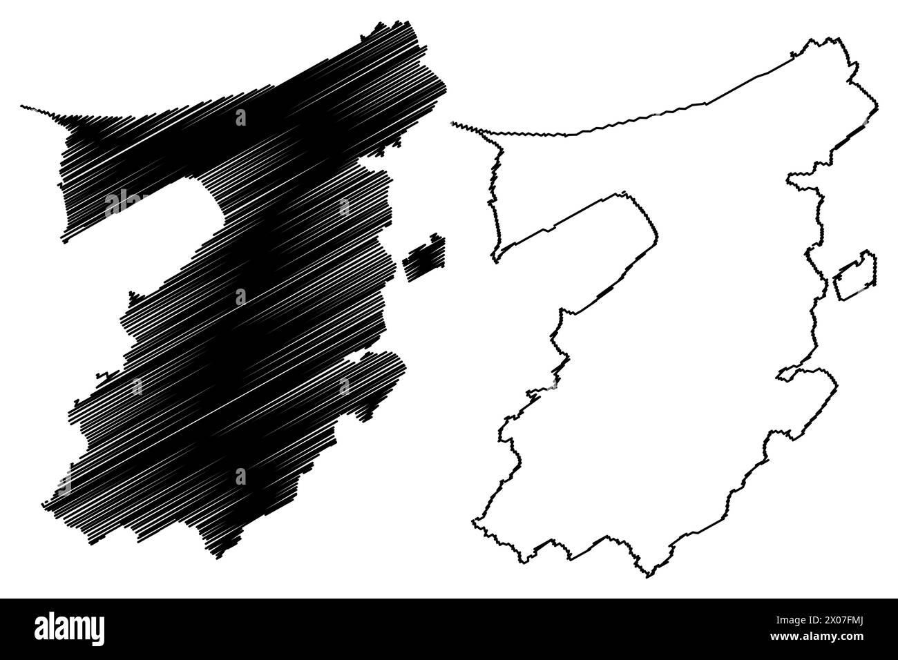 Siehe Bezirk (Schweiz, Schweizerische Eidgenossenschaft, Kanton Freiburg oder Freiburg), Kartenvektordarstellung, Scribble Sketch Seebezirk oder District du Lac Stock Vektor