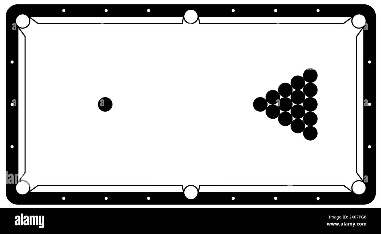 Billardbällchen für Billarddreieck. Billard- oder Snookertisch mit Queues und Bälle. Pyramide aus Billardbällen für Billardtisch mit Queue und Stockfoto