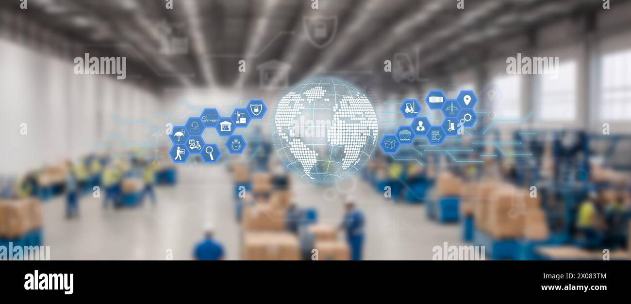 Distributionszentrumskonzept und internationales Kommunikationsnetz. Blaue Symbole und globale Logistik Stockfoto