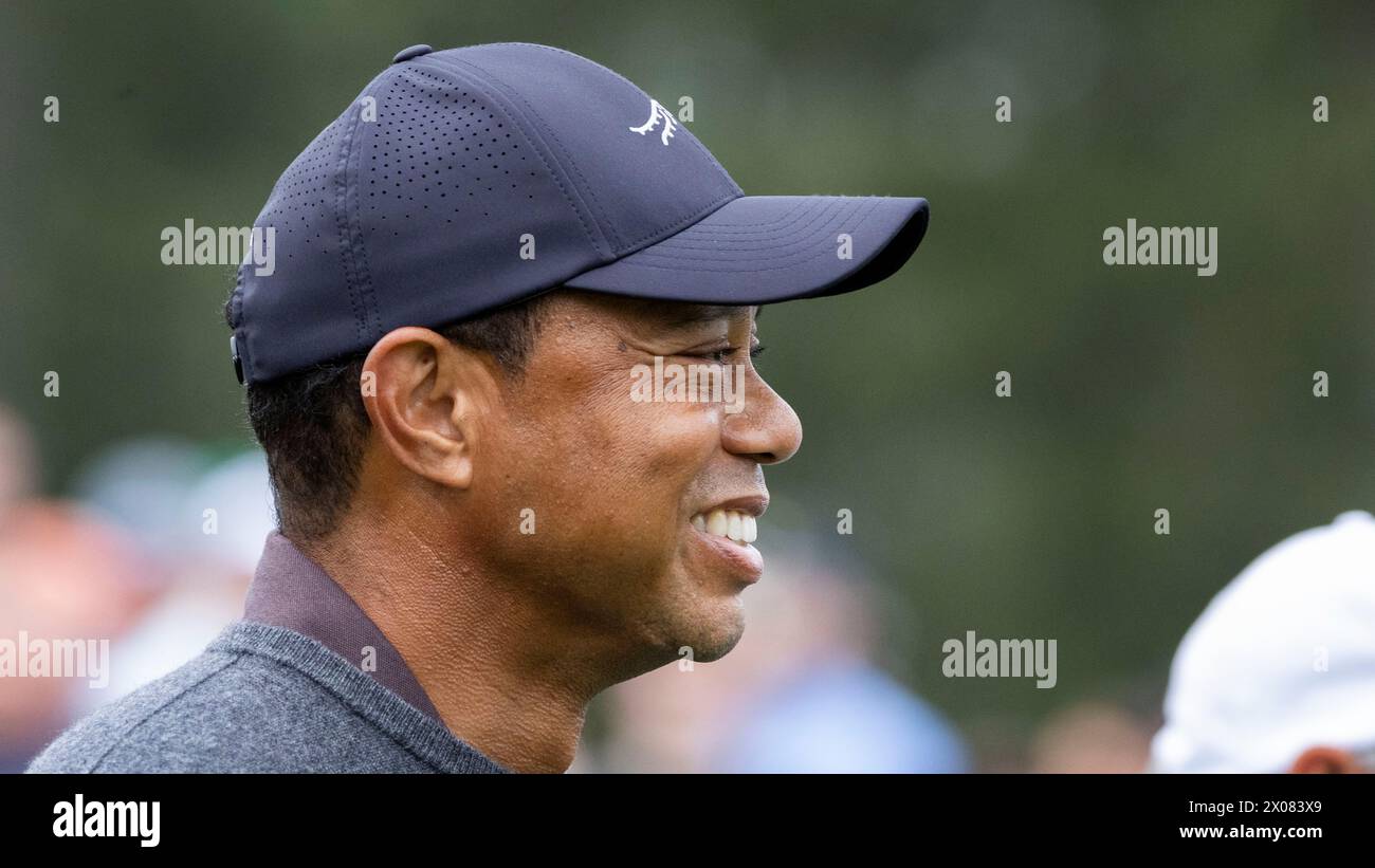 Tiger Woods übt am Dienstag, den 9. April 2024, vor dem Masters Turnier auf dem Augusta National Golf Course in Augusta, Georgia, USA.Foto: Christer Stockfoto