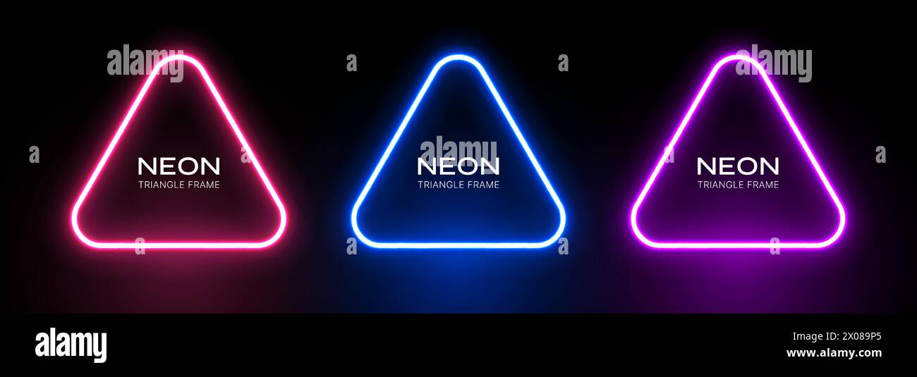 Neonlicht-Dreieck. Abstrakte Form leuchtet. Laserrahmen auf schwarzem Hintergrund. Geometrischer LED-Effekt. Satz von Vektor-fluoreszierenden Bannern. Stock Vektor