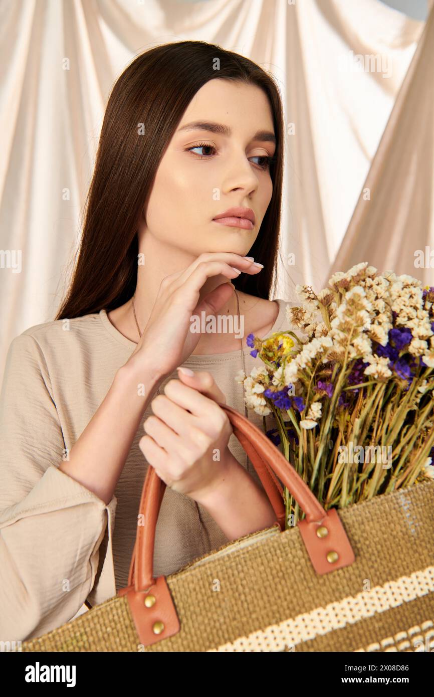 Eine junge Frau mit langen brünetten Haaren, die einen Beutel voller lebendiger Blumen hält und das Wesen des Sommers verkörpert. Stockfoto