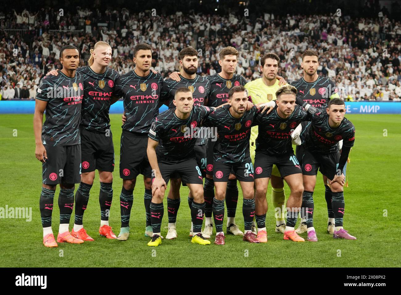 Team Manchester City während der UEFA Champions League, Viertelfinale, 1. Leg-Fußballspiel zwischen Real Madrid und Manchester City am 9. April 2024 im Santiago Bernabeu Stadion in Madrid, Spanien Stockfoto