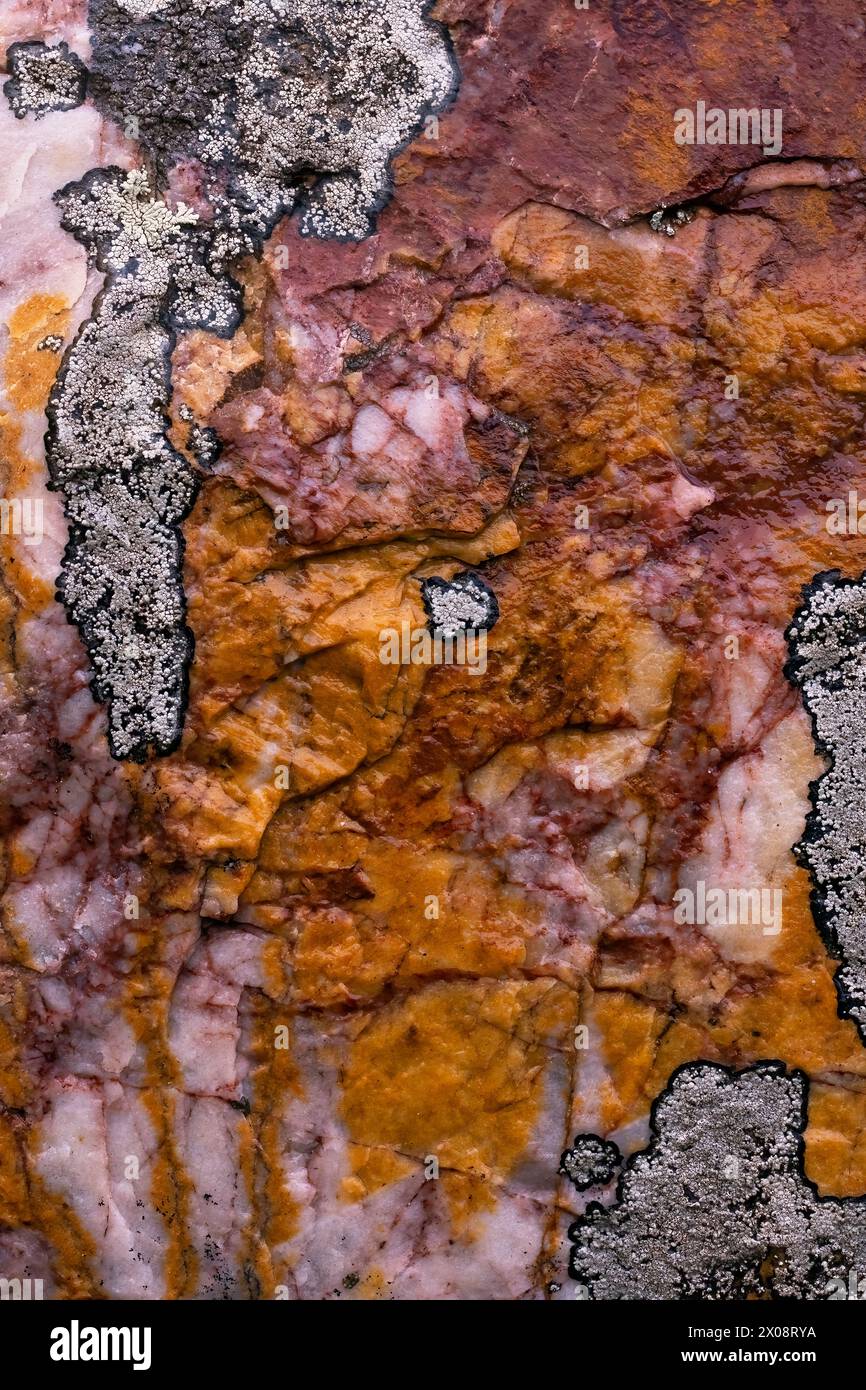 Nahaufnahme von strukturierten Kieselsäure- und Quarzgesteinen mit natürlichen Erdtönen und lebendigen Nickelformationen – ideal für geologische und abstrakte Hintergründe Stockfoto