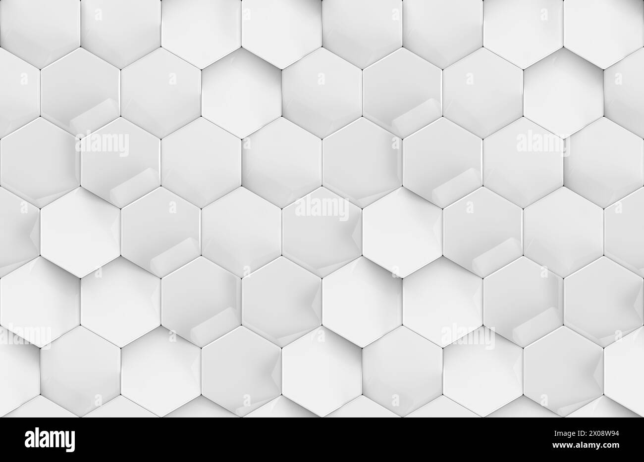 Dieses Bild zeigt ein nahtloses 3D-Muster aus weißen Sechsecken, die im Mosaikstil angeordnet sind und sich für futuristische Tapeten oder Hintergründe eignen Stockfoto
