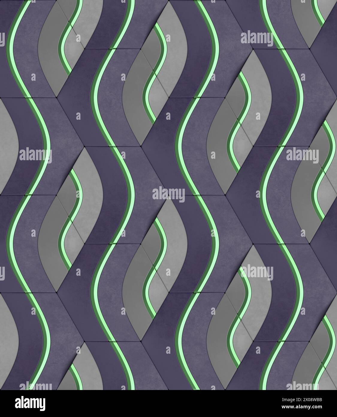 Geometrisches nahtloses 3D-Muster in Grün mit goldenen und grauen Elementen Wellenserie 3D-Illustration Stockfoto