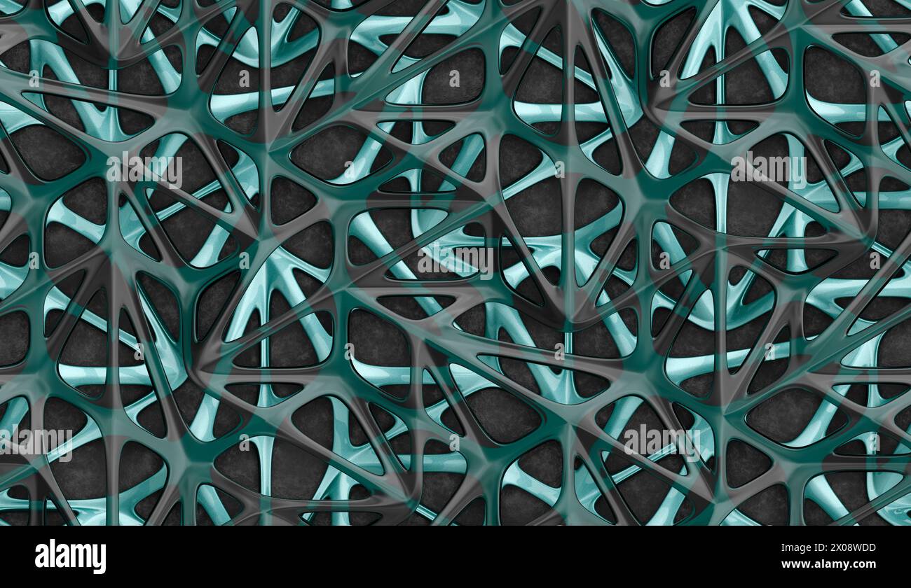 Ein abstraktes 3D-Design mit einem verwobenen Netzmuster in Blau- und Grautönen mit einem dunklen, strukturierten Hintergrund Stockfoto