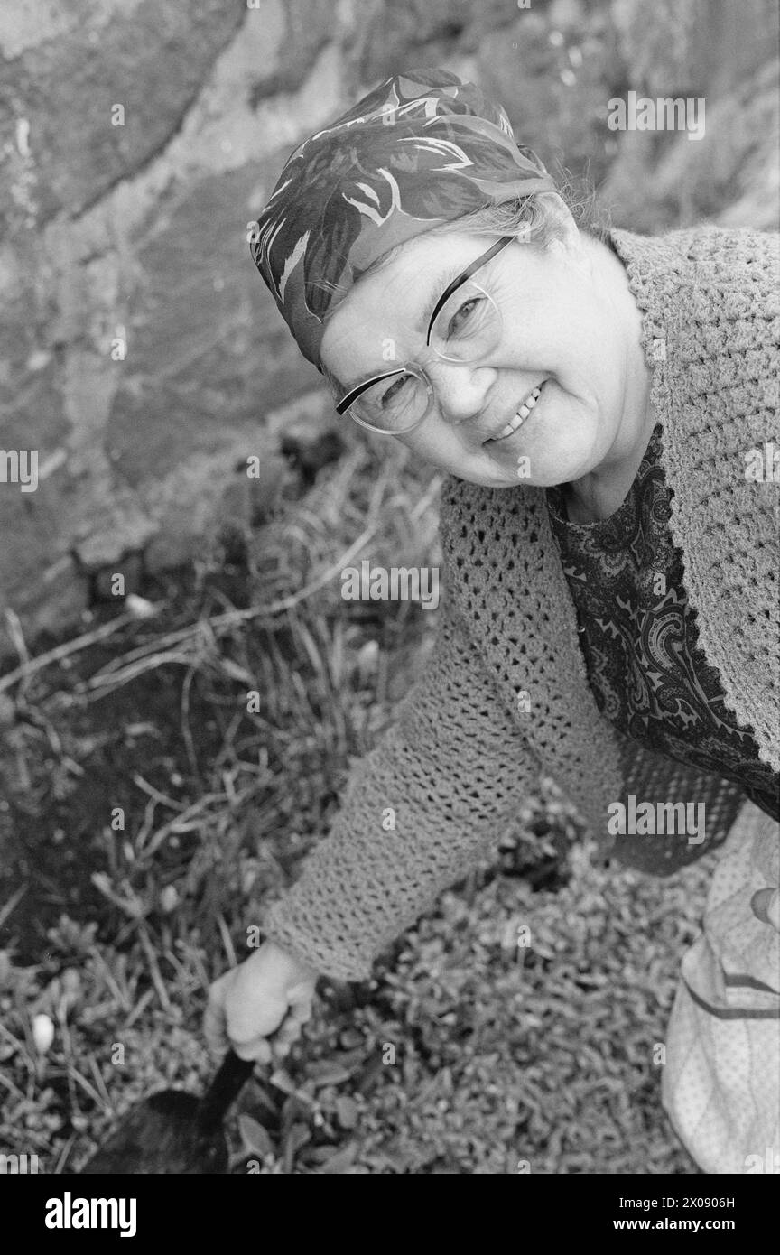 Aktuell 16 - 6 - 1973: Hundert Häuser und ein Mann als vor 20 Jahren war Bjørnsund eine lebendige Gemeinde. Heute ist nur noch eine Person in diesem Fischerdorf übrig. Jetzt wird Bjørnstad ein Touristenziel. Die Leute sind begierig, hier draußen in dieser Einsamkeit ein Haus zu kaufen. Borghild Gornitchin ist mit Bjørnsund verbunden. Sie kehrt jedes Jahr zurück, lange vor den Zugvögeln. - Wenn ich mich für immer bewegen würde, wäre die Sehnsucht nach diesem Ort zu schwer, um sie zu ertragen. Foto: Sverre A. Børretzen / aktuell / NTB ***FOTO NICHT BEARBEITET*** Stockfoto