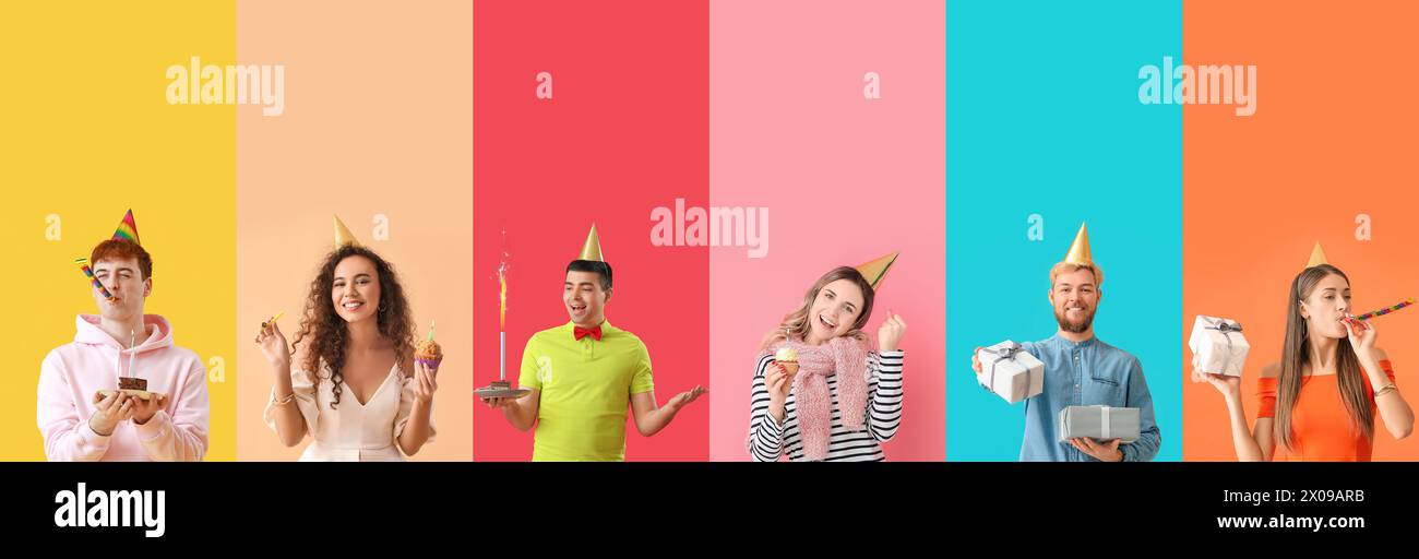 Collage glücklicher Menschen, die Geburtstag feiern, auf farbigem Hintergrund Stockfoto
