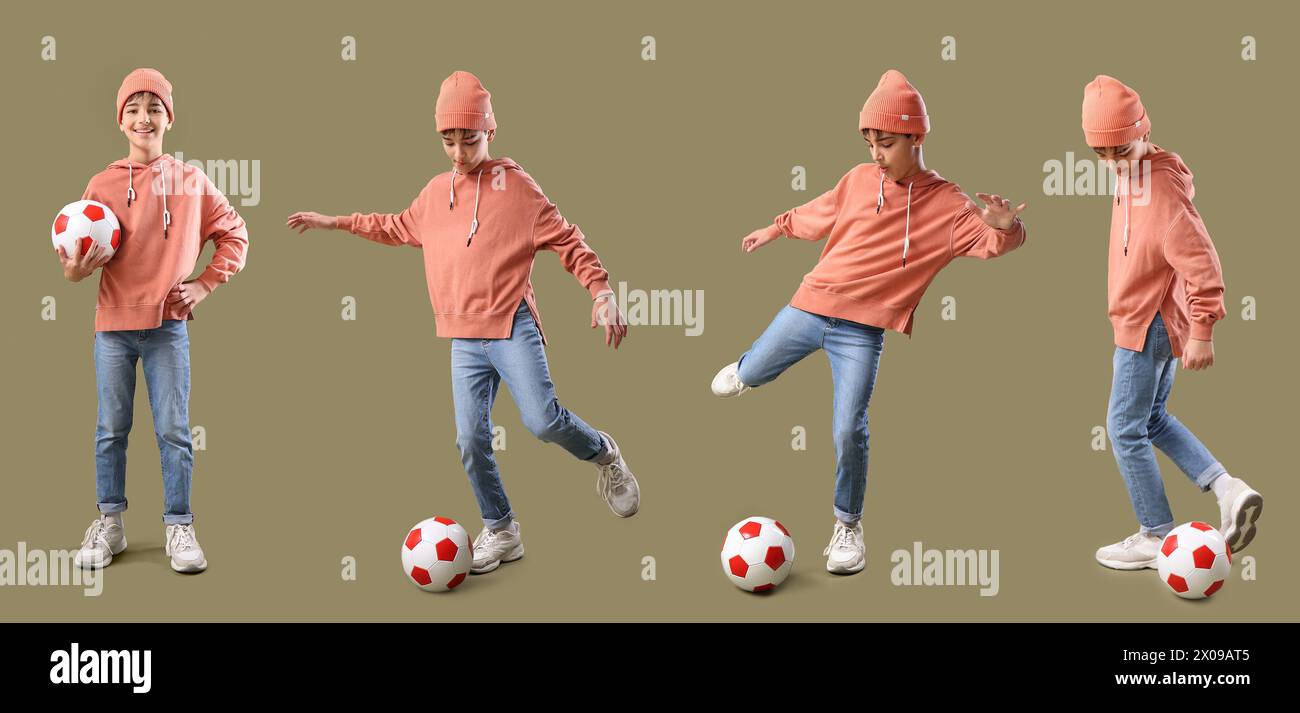 Set von kleinen Jungen, die mit Fußball auf farbigem Hintergrund spielen Stockfoto