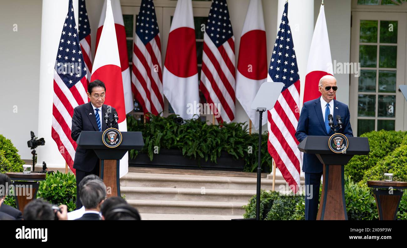 Am 10. April veranstaltete Präsident Joe Biden eine gemeinsame Pressekonferenz mit Premierminister Kishida Fumio aus Japan zu einem offiziellen Besuch in den Vereinigten Staaten Stockfoto