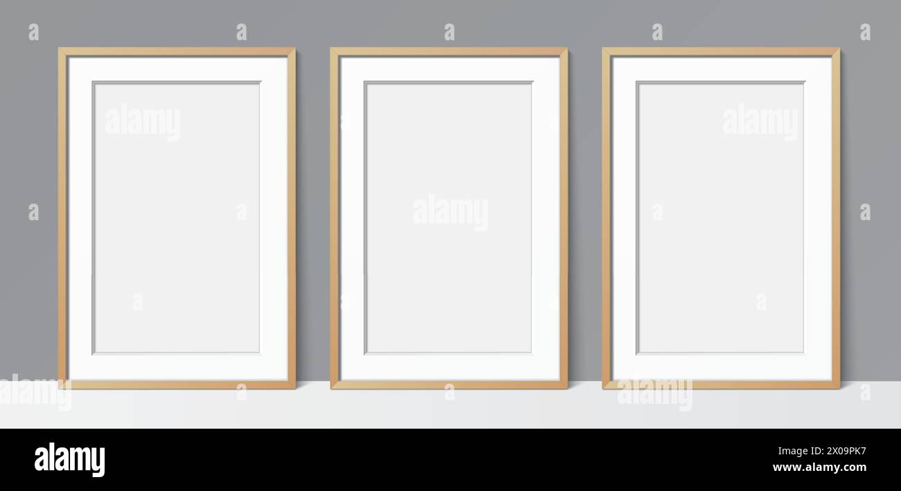 3 Blanck Poster Holzrahmen, die sich gegen einen grauen Wandhintergrund lehnen. Vektormodell für Poster-Galerie für die Platzierung von Kunst, Bild oder Text. Stock Vektor