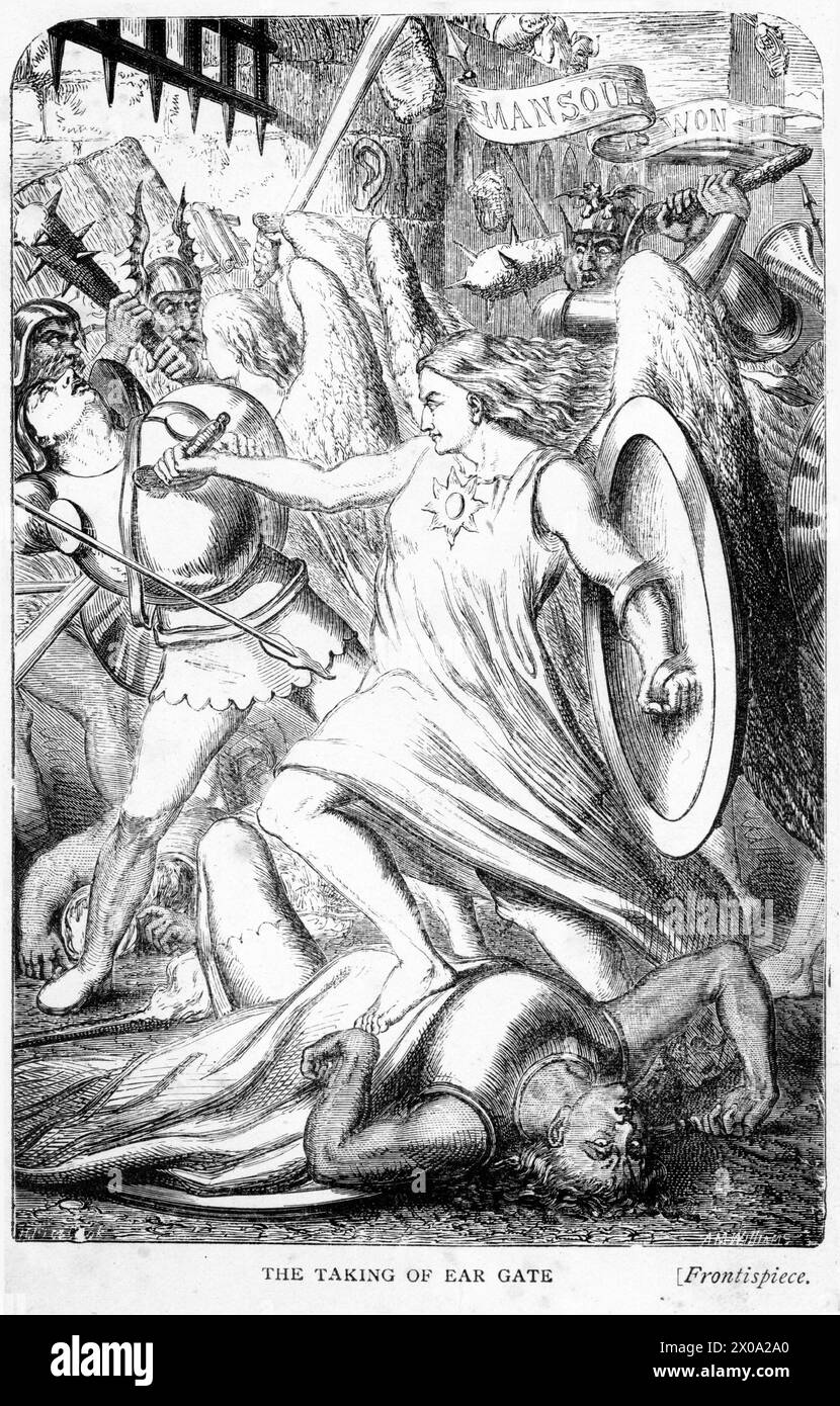 Gravur der Aufnahme des Ohrentors, Illustration aus dem Heiligen Krieg, von John Bunyan Stockfoto