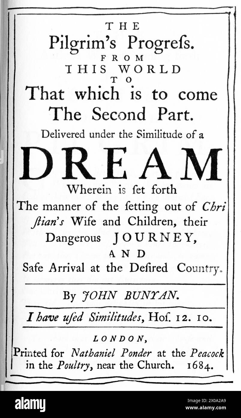Titelseite einer 1684 erschienenen Ausgabe von John Bunyans Buch The Pilgrim's Progress, Teil 2 Stockfoto