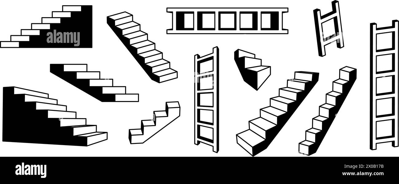 Lineare Treppen und Leitern. Kollektion surreal geometrischer Elemente in Schwarz und weiß. 3D-Stufen und Treppenhäuser bündeln. Retro-Konturformen für Collage, Poster, Banner. Vektorgrafik Stock Vektor