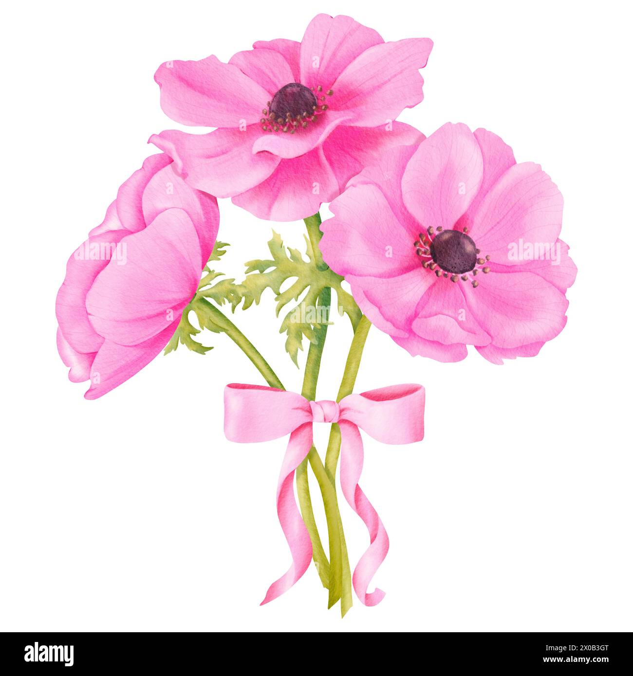 Ein Strauß rosa Anemonen, verziert mit einem pinkfarbenen Satinband. Aquarelle zur Verschönerung von Hochzeitseinladungen Grußkarten mit Blumenmotiven Stockfoto