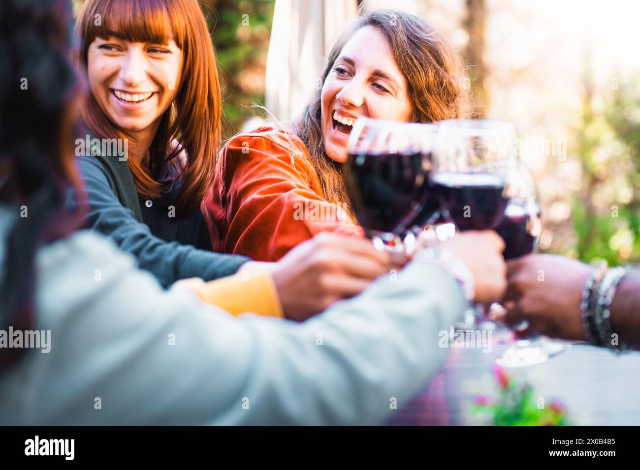 Enge Freunde, die im Freien einen fröhlichen Toast mit Rotwein genießen - Frauen feiern gemeinsam mit Lachen und gutem Geist in einer natürlichen Umgebung. Stockfoto