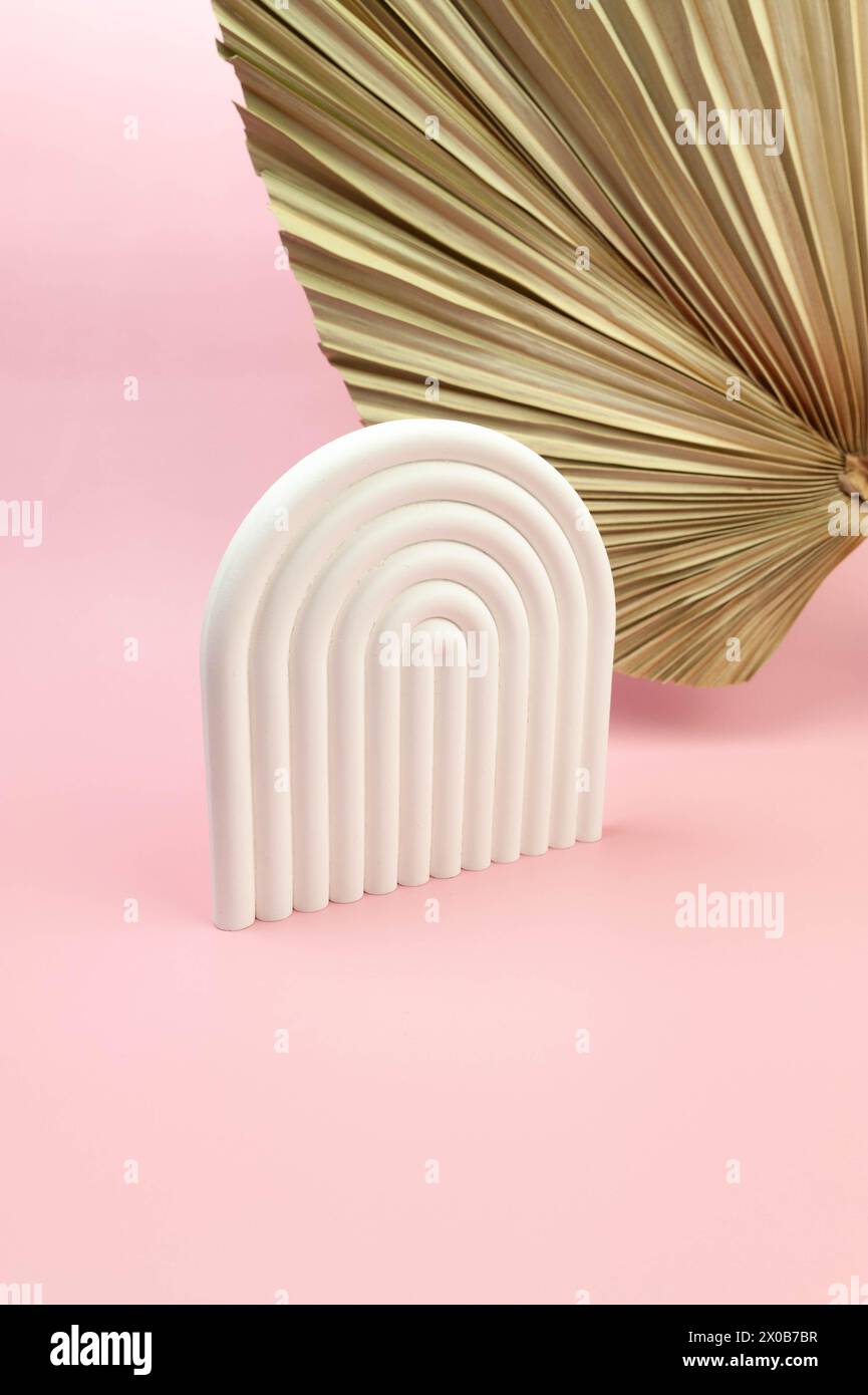 Weißes Bogenpodium, getrocknete Palmblätter auf rosa Hintergrund. Geometrische abstrakte Form für die kosmetische Produktpräsentation. Kopierbereich. Stockfoto