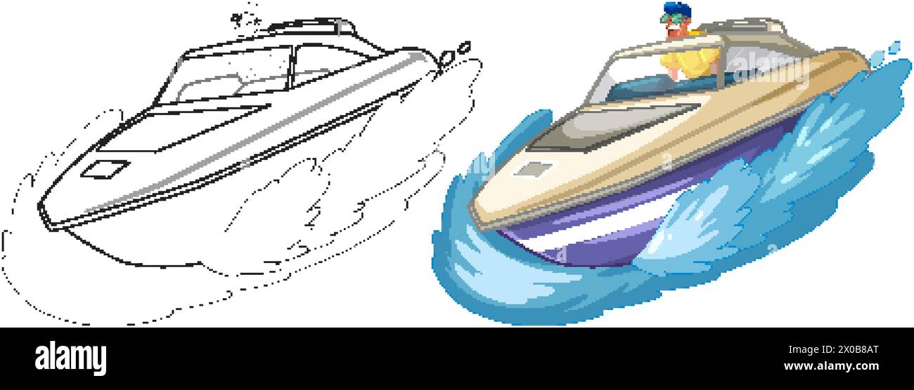 Zwei farbenfrohe Schnellboote, die mit plätschernden Wellen rasen. Stock Vektor
