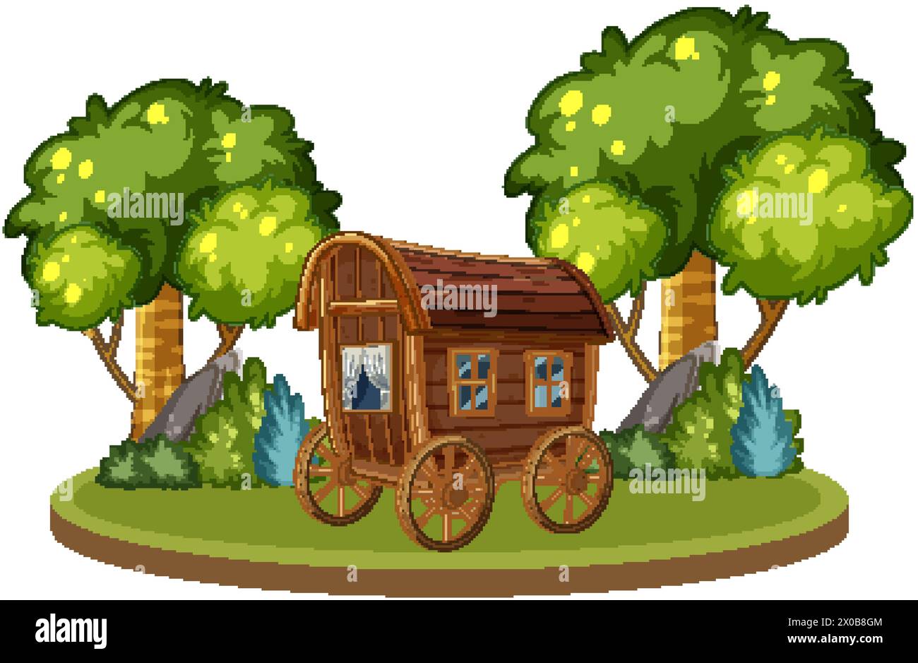 Caravan aus Holz mit Zeichentrick inmitten üppig grüner Bäume Stock Vektor