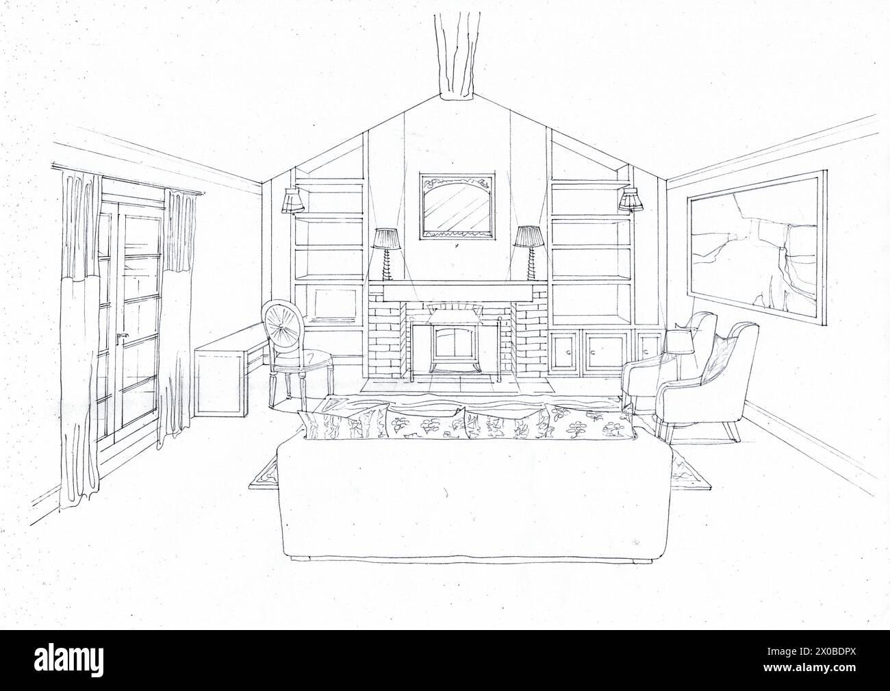 Schwarz-weiße Konzeptskizze für eine Lounge im Landhausstil. Stockfoto