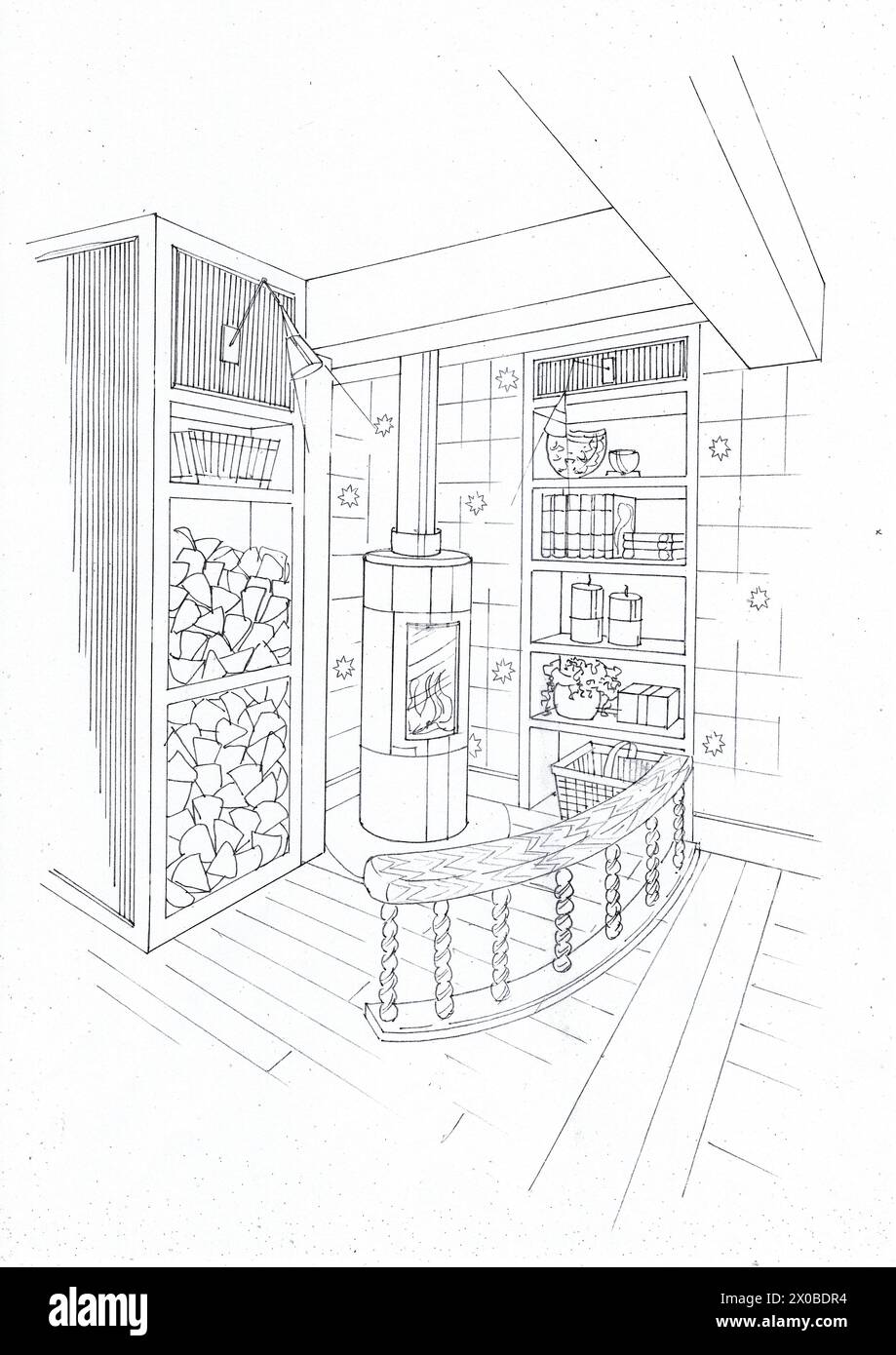 Schwarz-weiße Konzeptskizze für einen traditionellen Landhausstil mit Holzbrenner, Holzladen und Sitzgelegenheiten. Stockfoto