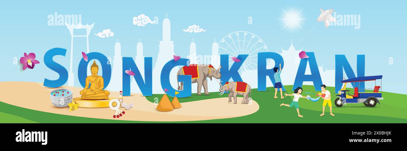 Songkran Festival typografisches Design mit Thailand kulturelles Dekorationselement im Hintergrund der Panoramafahne, Vektorillustration gesetzt Stock Vektor