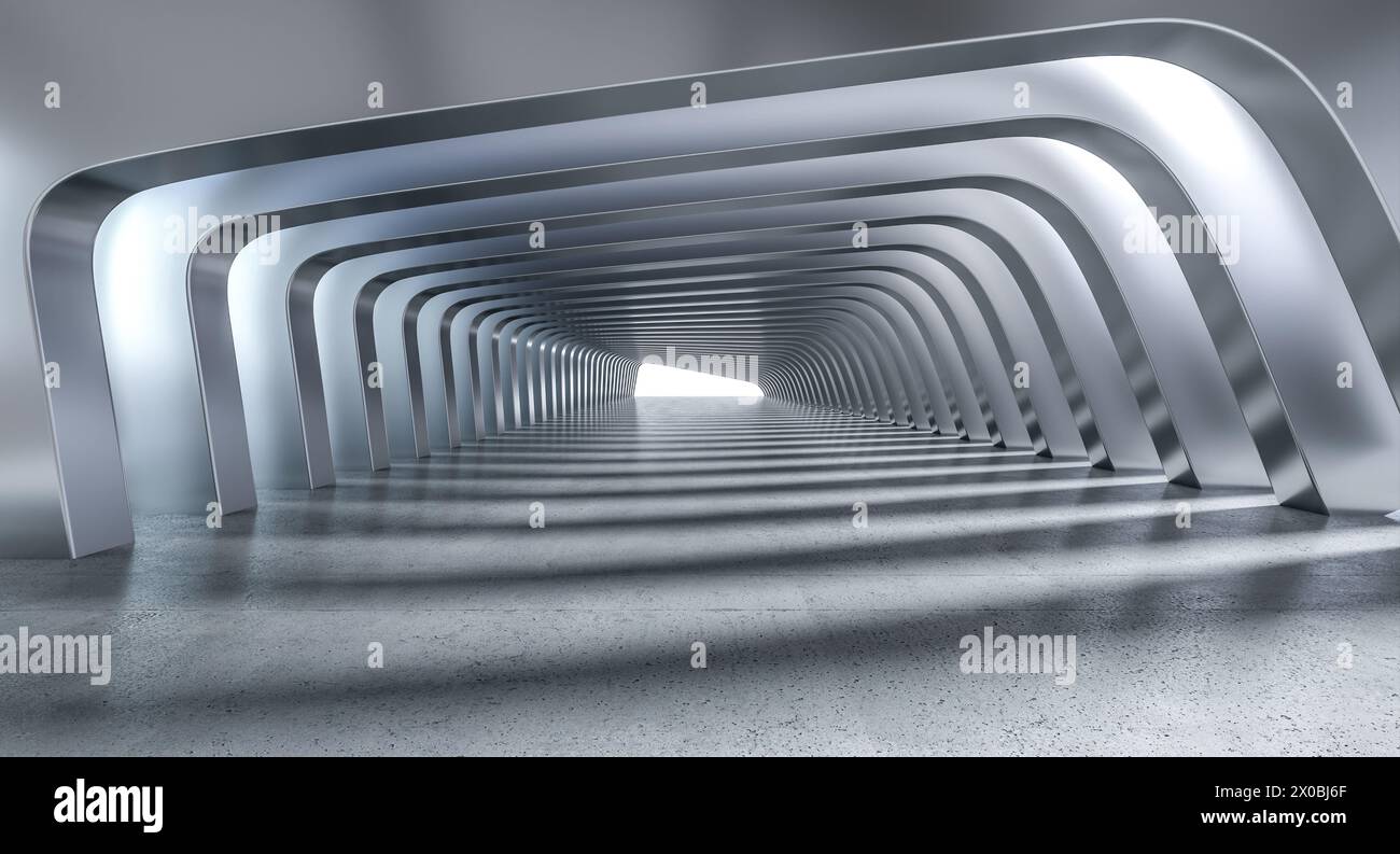 Futuristischer abstrakter Tunnelgang mit Fluchtpunktperspektive, 3D-Rendering Stockfoto