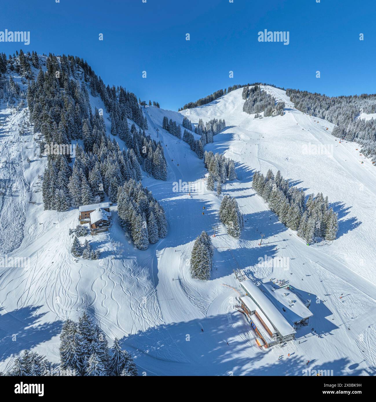Herrliche Bedingungen für Wintersport im Skigebiet am Bolsterlanger Horn im Allgäu Stockfoto