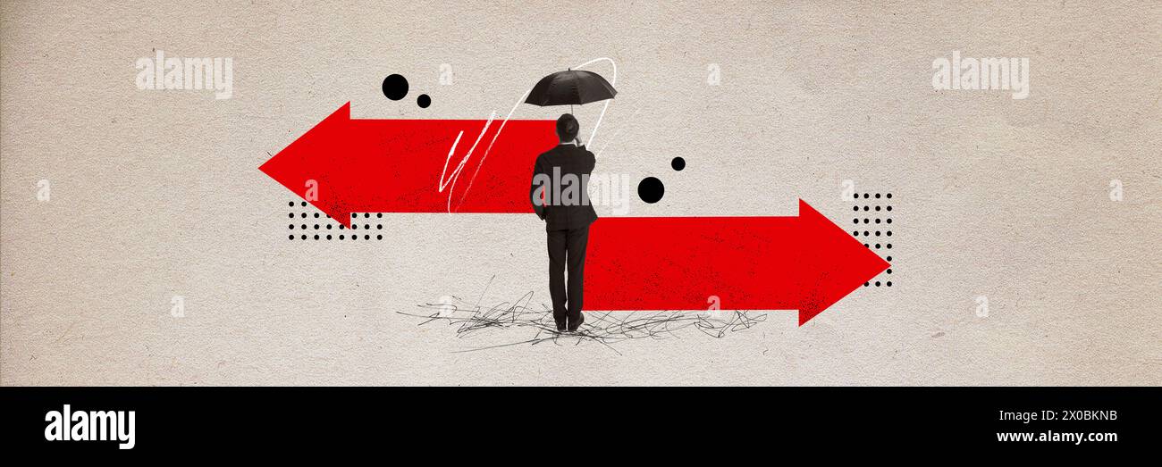 Banner. Zeitgenössische Kunstcollage. Junger Mann, der einen Schirm hält und den Weg wählt, um vor hellem Hintergrund mit abstraktem Objekt zu brachen Stockfoto