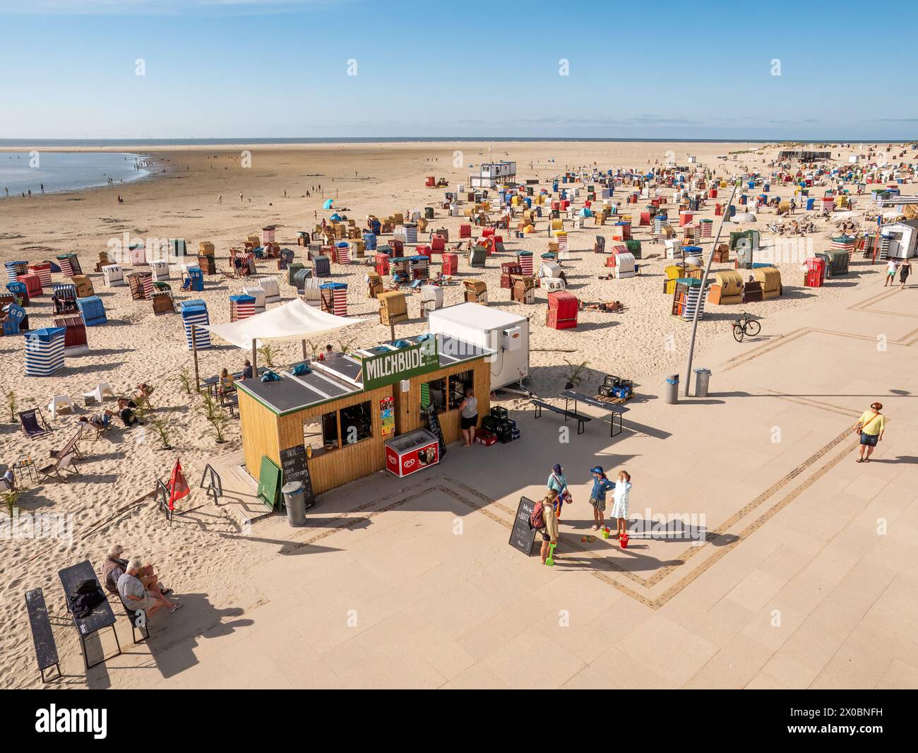 Promenade und Weststrand mit Menschen, Stühlen und Zelten auf der ostfriesischen Insel Borkum, Niedersachsen, Deutschland Stockfoto