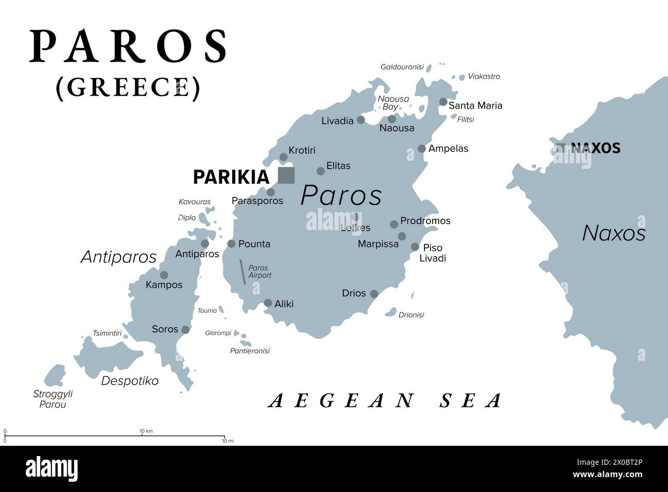 Paros, griechische Insel, graue politische Karte. Griechische Insel in der Ägäis, westlich von Naxos und Teil der Kykladen. Stockfoto