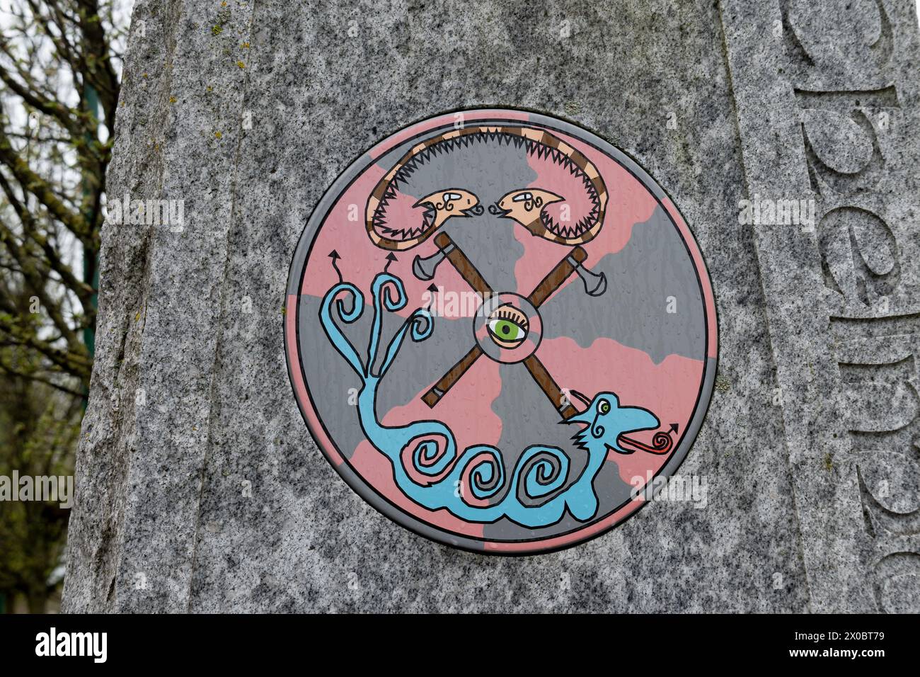 Chelmund's Cross Skulptur Detail, Chelmsley Wood, West Midlands, England, Großbritannien Stockfoto