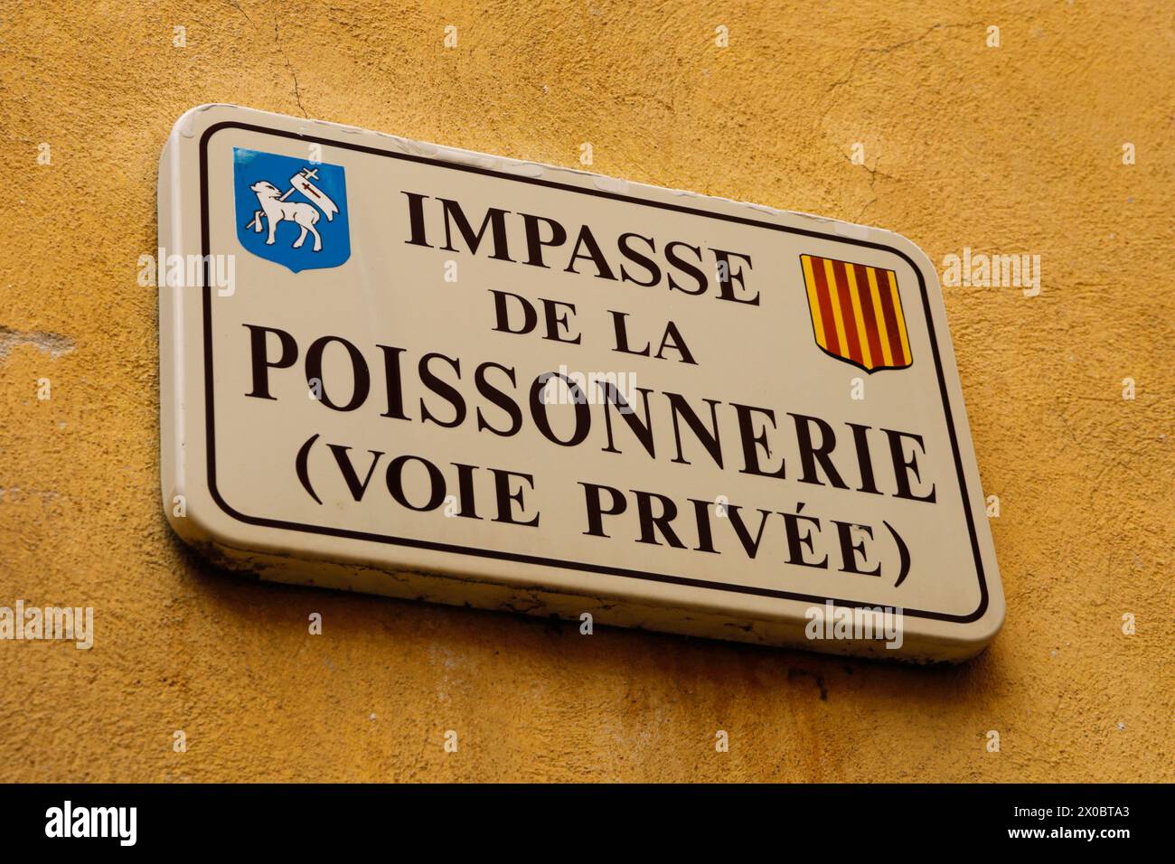 Impasse de La Poissonnerie Private Road Sign in Grasse, Provence-Alpes-Côte dAzur., Frankreich Stockfoto