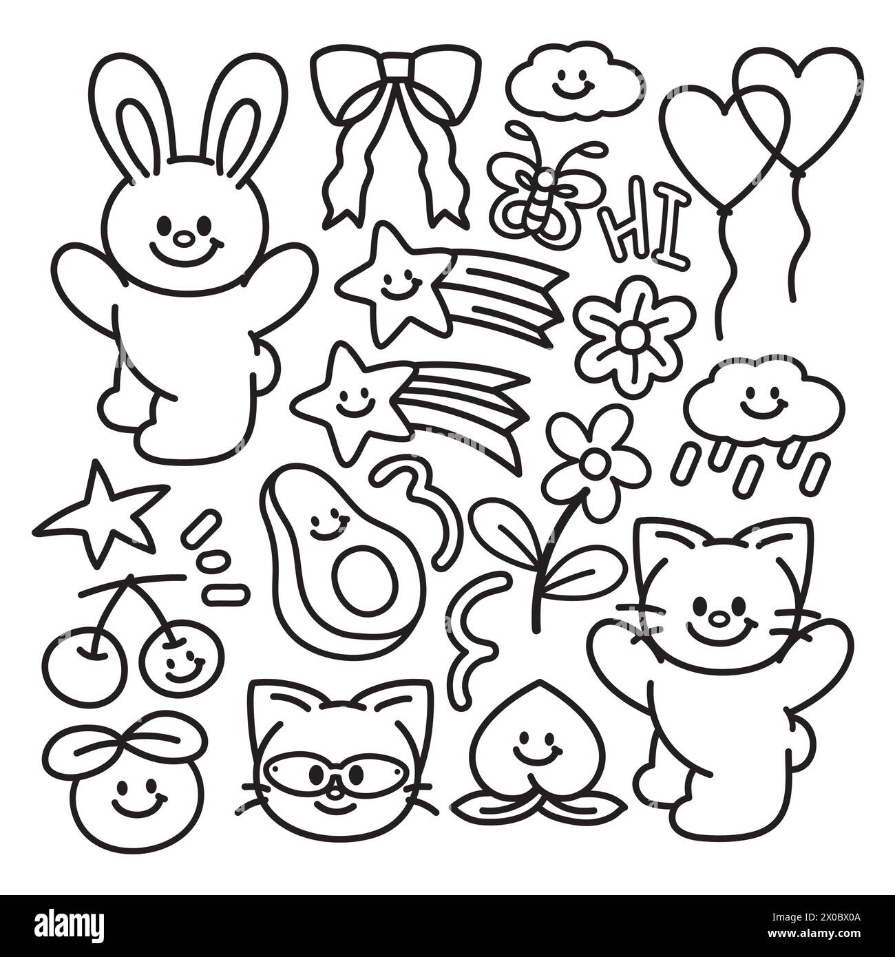 Schwarze Umrisse von rosa Häschen, Schmetterling, Katze, Kirsche, Avocado, Orange, pfirsichfarbenes, pfirsichfarbenes Band, Wolke, Regen, Blumen, Sternschnuppe für Kinder-Malbuch Stock Vektor