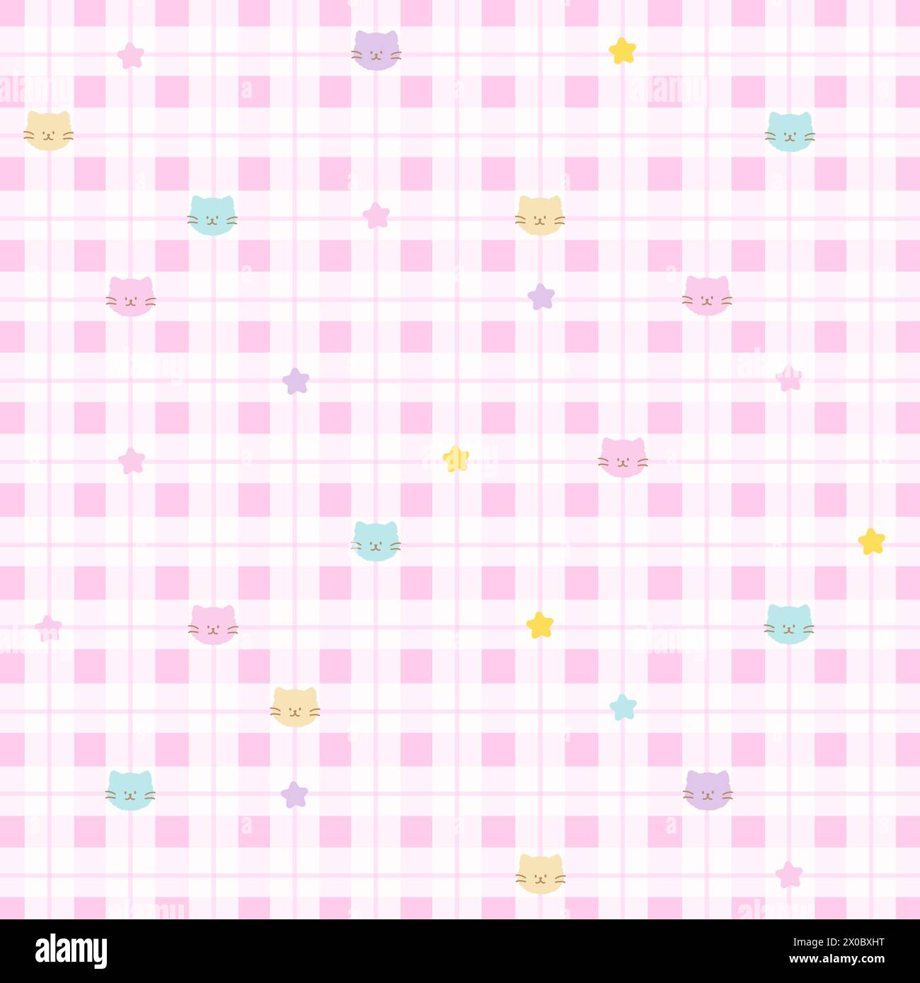 Illustration der Katze auf einem quadratischen rosa karierten Hintergrund für niedliches Muster, Stoffdruck, Tiertapete, Kinderkleidung, Sommer, Picknick, Adoption, Rettung Stock Vektor