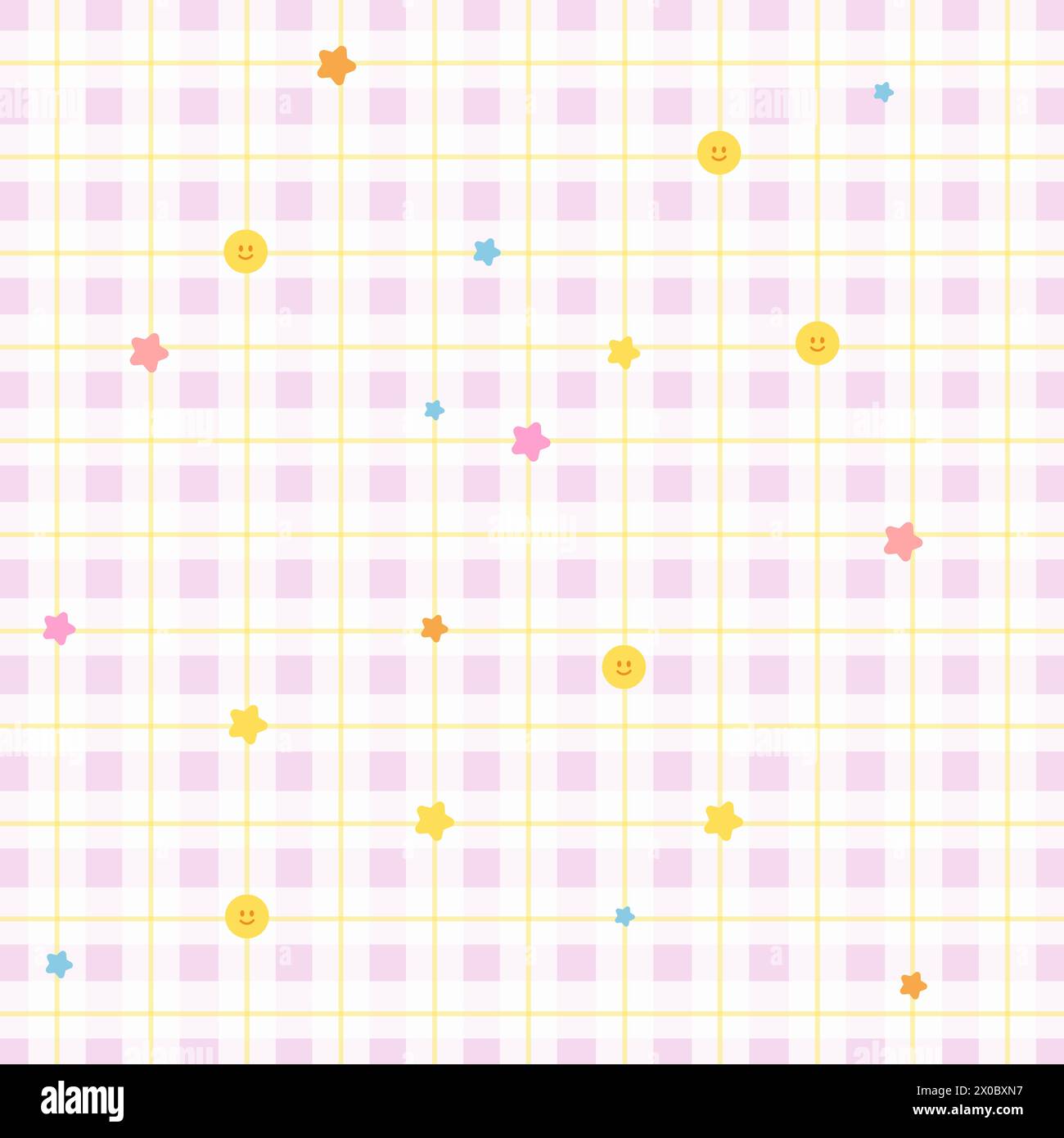 Illustration des Lächelsymbols und der Sterne auf einem quadratischen rosa karierten Hintergrund für niedliches Muster, Stoffdruck, Tiertapete, Kinderkleidung, Sommer, Picknick Stock Vektor