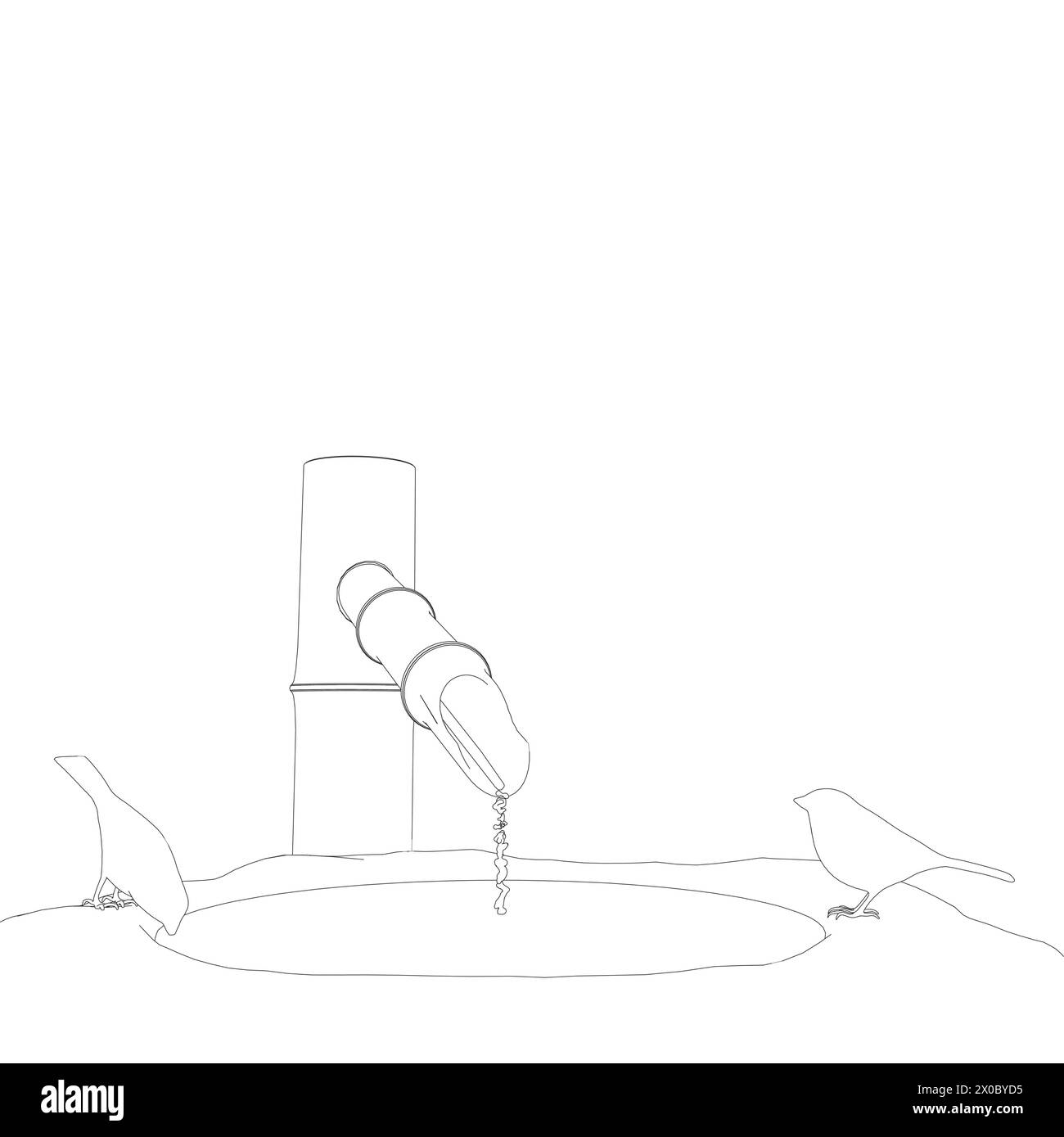 Umriss zweier Vögel, die auf einem Brunnen sitzen und Wasser aus schwarzen Linien auf weißem Hintergrund trinken. 3D. Vektorabbildung. Stock Vektor