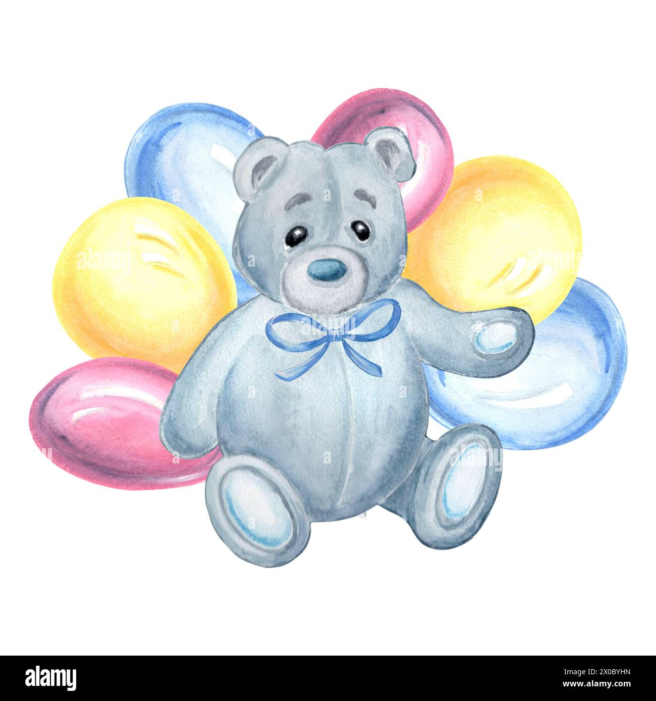 Aquarell Teddybär in blauer Schleife mit bunten Ballons. Komposition zur Dekoration des Kindergartens. Handgezeichnete Illustration für verschiedene Designs, Karten, Geburt Stockfoto