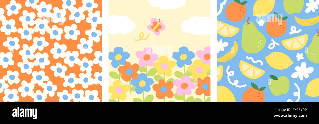 Blumen und fruchtiger Hintergrund Set für Blumenmuster, Frühling, Sommer, Picknickdecke, Bettdecke, Vorhang, süßes Muster, Natur, Garten, Kinderkleidung, kleiden Stock Vektor
