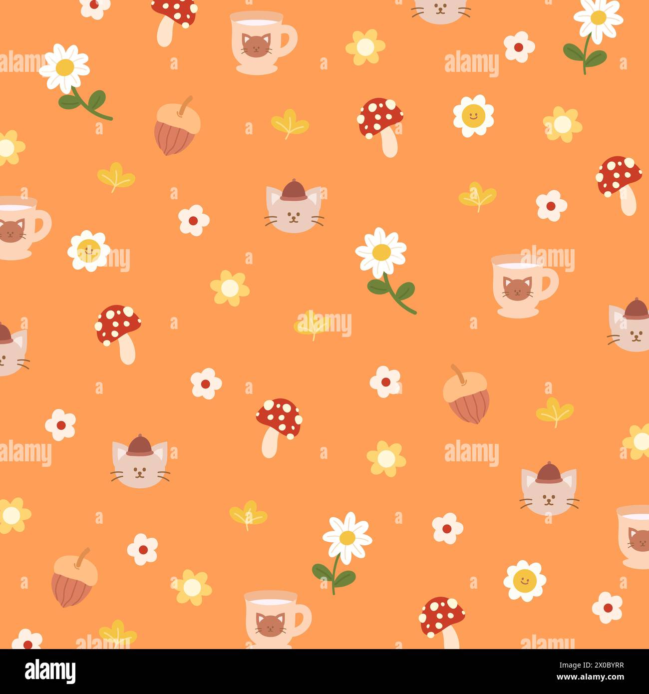 Herbstillustrationen von Katze, Nussbaum, Pilz, Blumen, gemütlichem Getränk und Blättern auf orangem Hintergrund für Tiertapete, Stoffdruck, Blumenmuster Stock Vektor