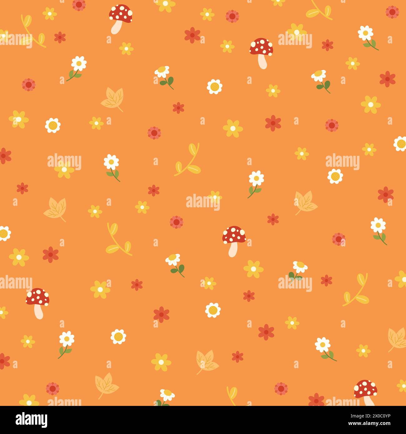 Herbstillustrationen von Pilzen, Blumen und Blättern auf einem orangefarbenen Hintergrund für Tapeten, Stoffdruck, Blumenmuster, Textil, Kinderkleidung Stock Vektor