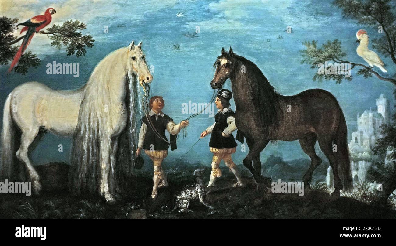 Two Horses and Grooms (1628) von Roelant Savery (1576–1639). Niederländischer Maler des Goldenen Zeitalters. Stockfoto
