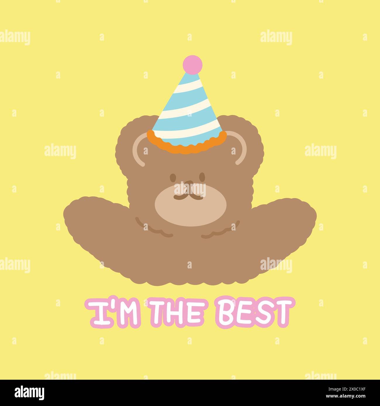 Illustration von Teddybär, Partyhut und I'M THE BEST Letter auf pastellgelbem Hintergrund für positive Energie, Druck, Tiertapete, Cartoon, Zoo Stock Vektor