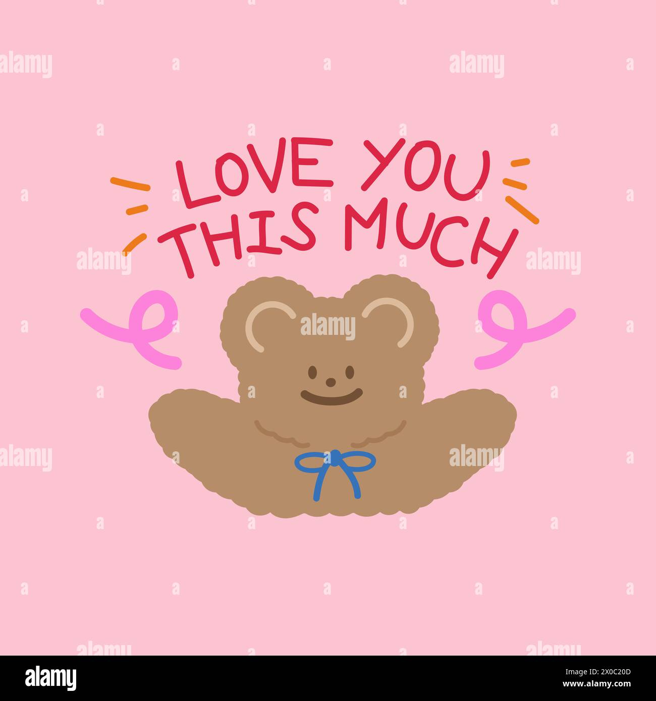 Illustration von Teddybär und LIEBE SIE SO VIELE Buchstaben auf rosa Hintergrund für Valentinskarte, Liebesposter, Tiertapete, Cartoon, Postkarte Stock Vektor