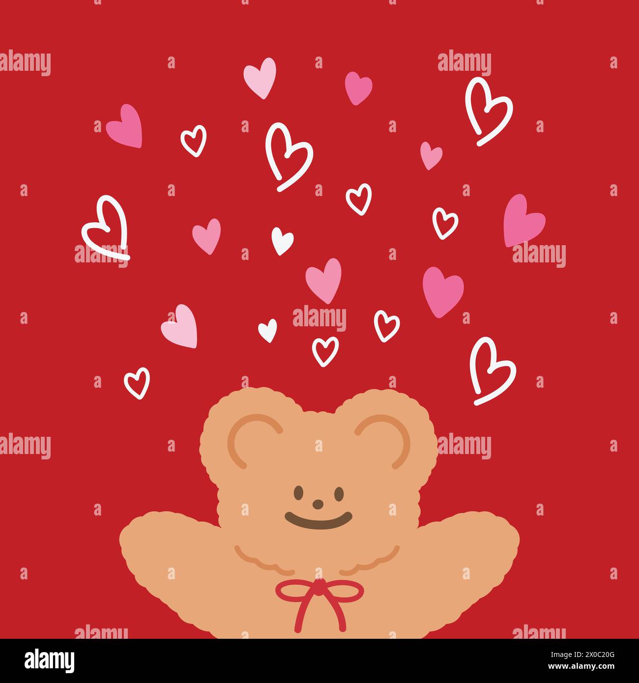 Illustration von Teddybär und Herzen auf einem roten Hintergrund für Valentinskarte, Liebesposter, Druck, Tiertapete, Cartoon, Haustier, Tierarzt, Postkarte Stock Vektor