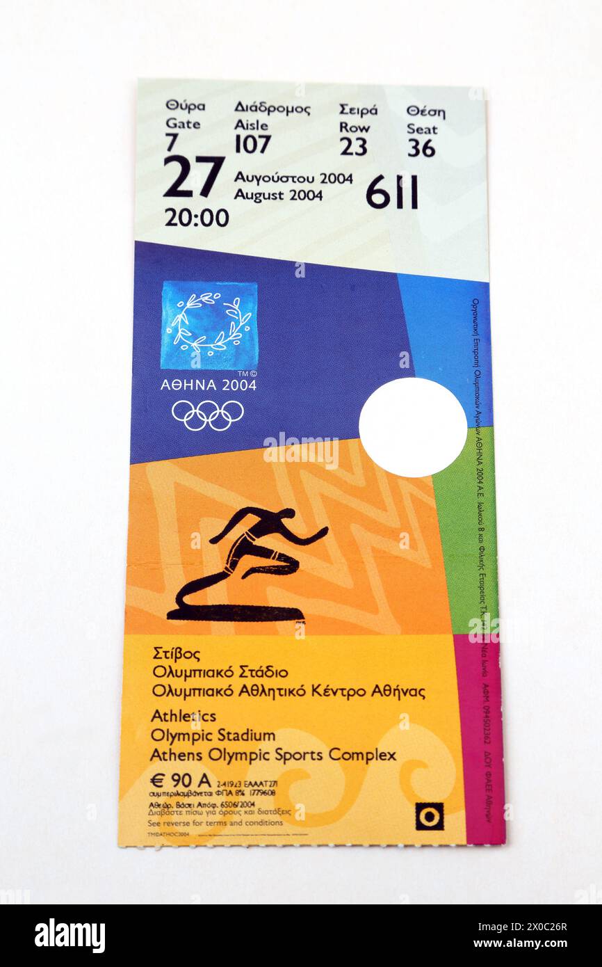 Ticket für Leichtathletik bei den Olympischen Sommerspielen Athen 2004 Stockfoto