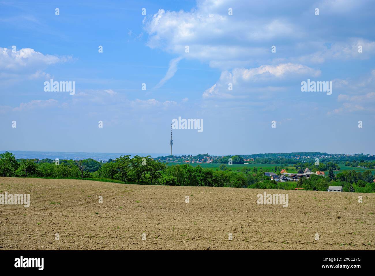 Unbebaute Felder im Schönfelder Hochland bei Dresden, Sachsen, mit dem Dresdner Fernsehturm im Hintergrund. Stockfoto